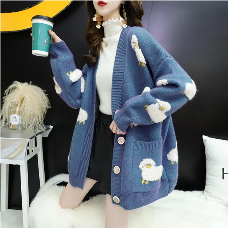 

DAYIFUN 2022 Women Sweater Cardigans V Neck Sheep Sweaters Warm Knitwear Female Korean Fashion Sueter Mujer Long Knit Coats