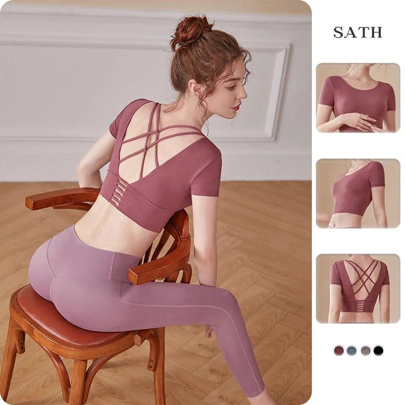 

Соблазнительные однотонные костюмы для йоги, фитнеса, с перекрестными лямками сзади, ударопрочный кроп-топ, леггинсы с высокой талией, трен...