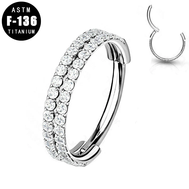 ASTM F136 Titanium Hinged Segment Hoop Ring with Outward Facing Double-Lined CZ Nose Ring Septum Clicker Piercing Jewelry