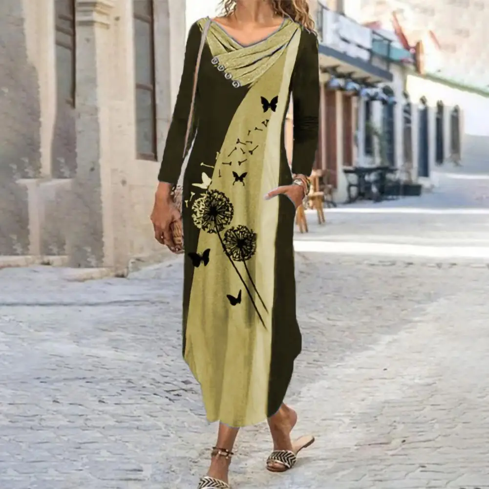 

Piles Collar Long Sleeve Patchwork Color Maxi Dress Slant Pockets Arc Hem Dress Autumn Flower Butterflies Printed Long Dress