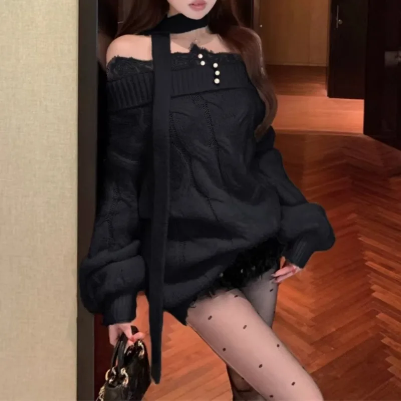 Кружевной свободный кашемировый свитер с открытыми плечами и длинными рукавами