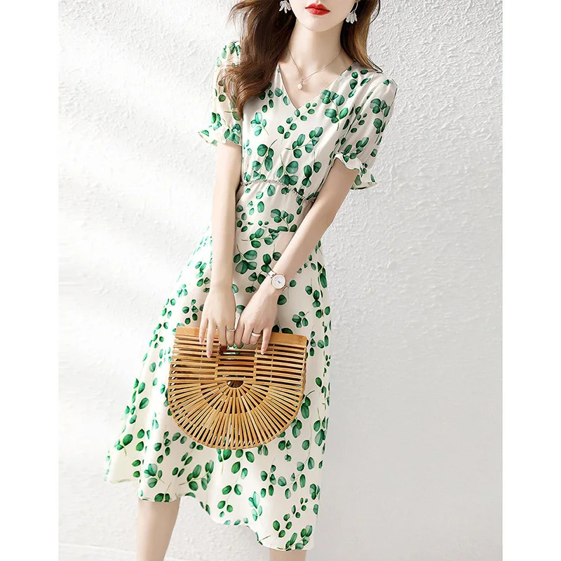 

Folds V-neck Women's Fashion Summer Dress Short Ruffles Sleeve 2023 Midi Loose Beading Printed Korean New Floral Clothing Dress