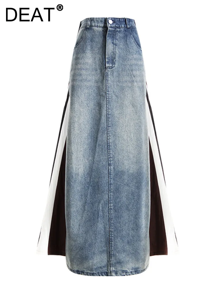 

DEAT Fashion Women's Skirt High Waist Contrast Color Spliced A-line Ankle-length Denim Skirts Summer 2023 New Trendy 17A7371