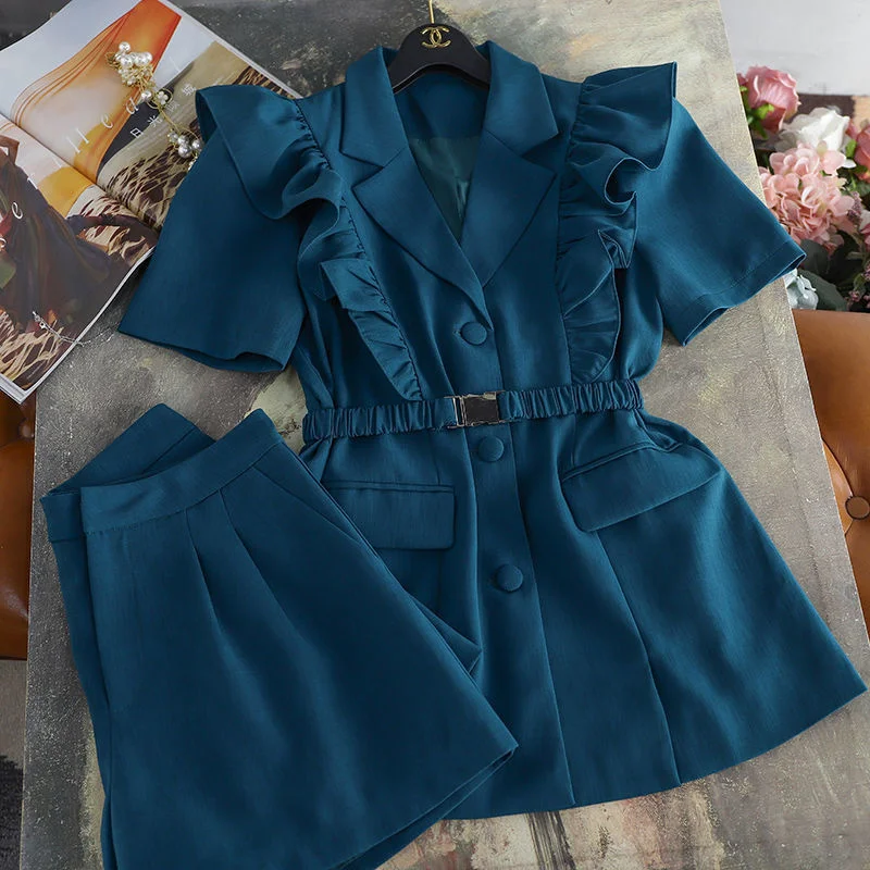 Two Pieces Set Women 2021 Summer Single Button Loose Ruffle Blazer Suits Solid Short Sleeve Shorts Office Ladies Suits Large