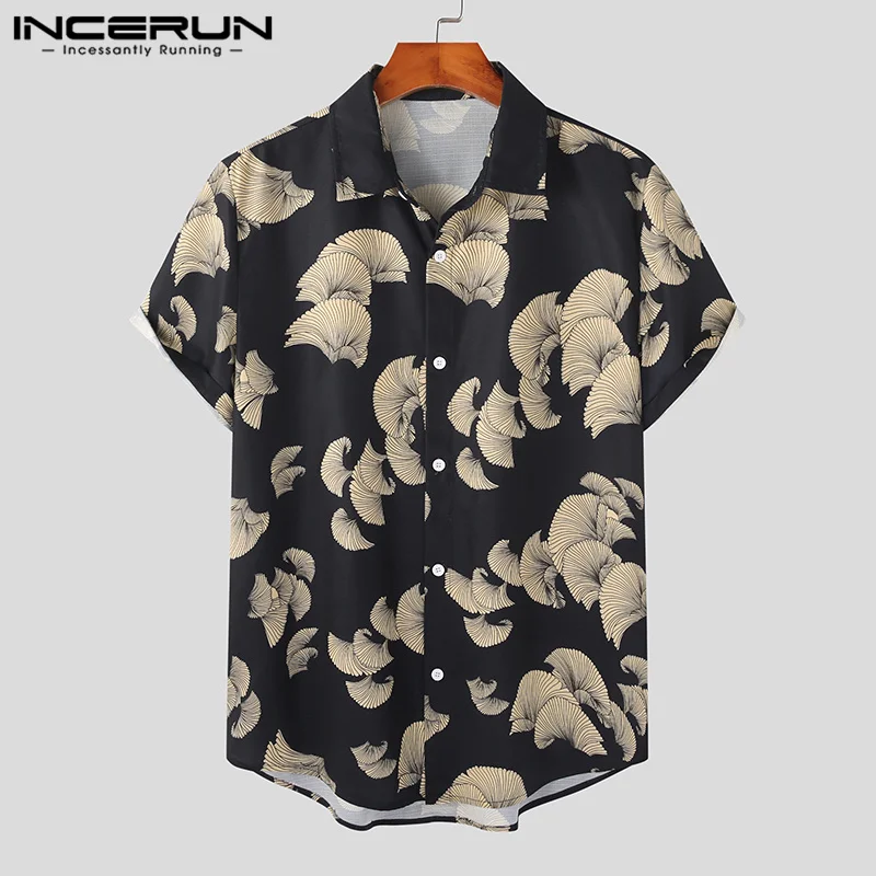 

Cotton Linen Style Tops INCERUN New Men's Casual Vacation Ethnic Printing Blouse Handsome Male Short-sleeved Shirts S-5XL 2023