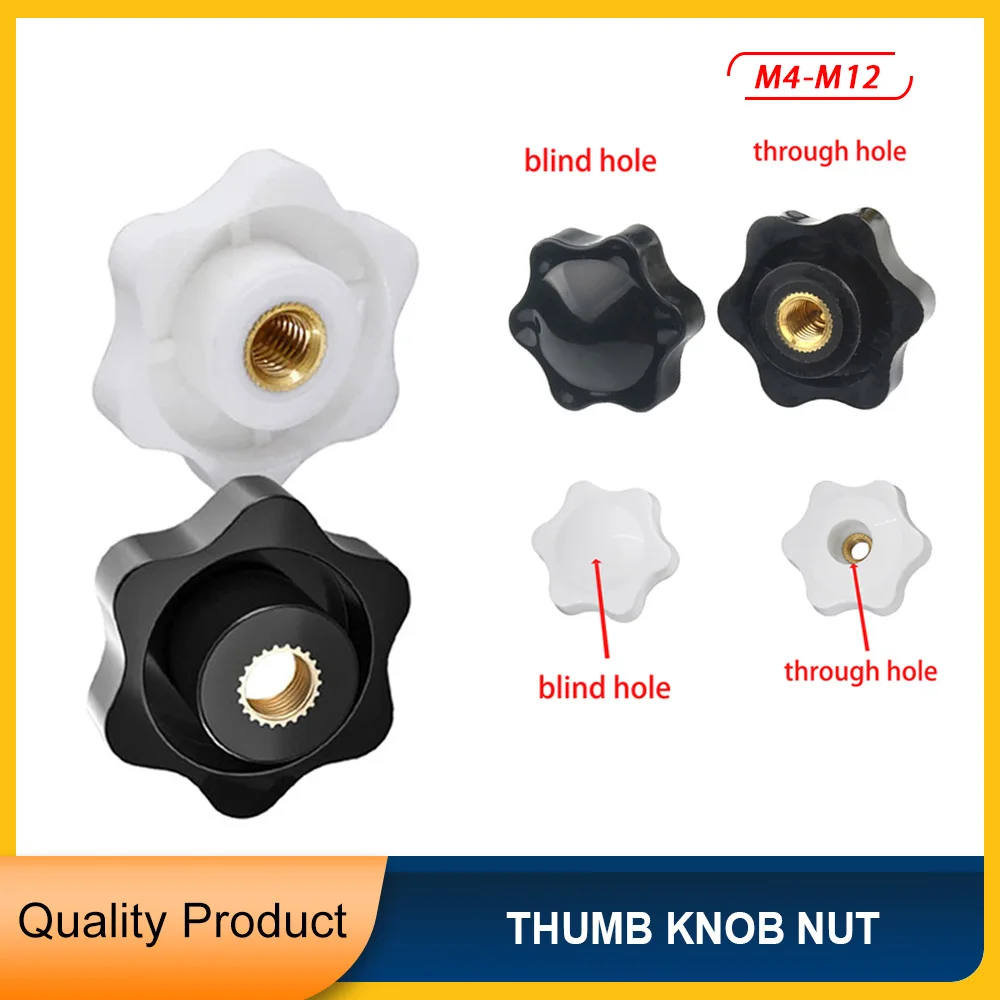 

Black White Thumb Knob Nut Clamping Handle Plum Thread Hand Mechanical Manual Tighten Star Six-Lobe Nuts M4 M5 M6 M8 M10 M12