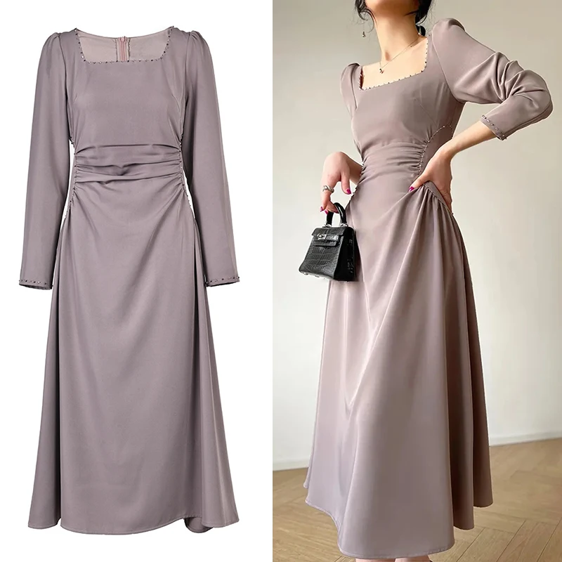 

Женское однотонное платье с квадратным вырезом, длинным рукавом и высокой талией