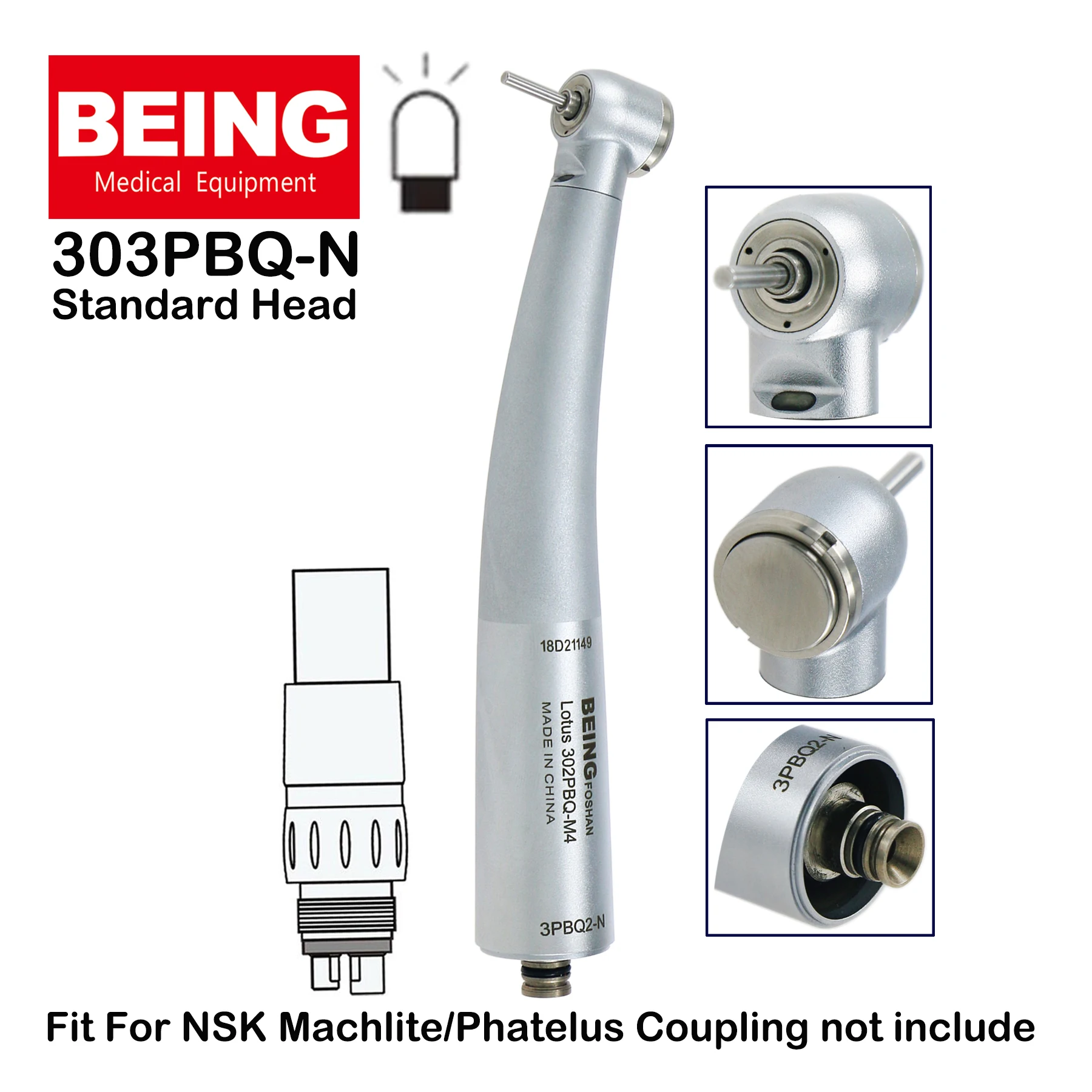 BEING Dental LED Fiber Optic High Speed Push Button Air Turbine Handpiece 303PBQ-N For NSK Phatelus Machlite Coupling 6Holes