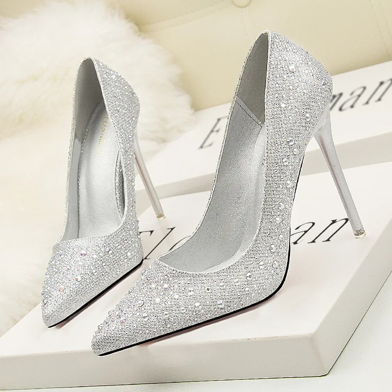 Women Fashion Sweet Delicate Elegant Stiletto Heel High Shoes Low-Cut Slimming Pointed Heel Colorful Crystals Rhinestone Wedding