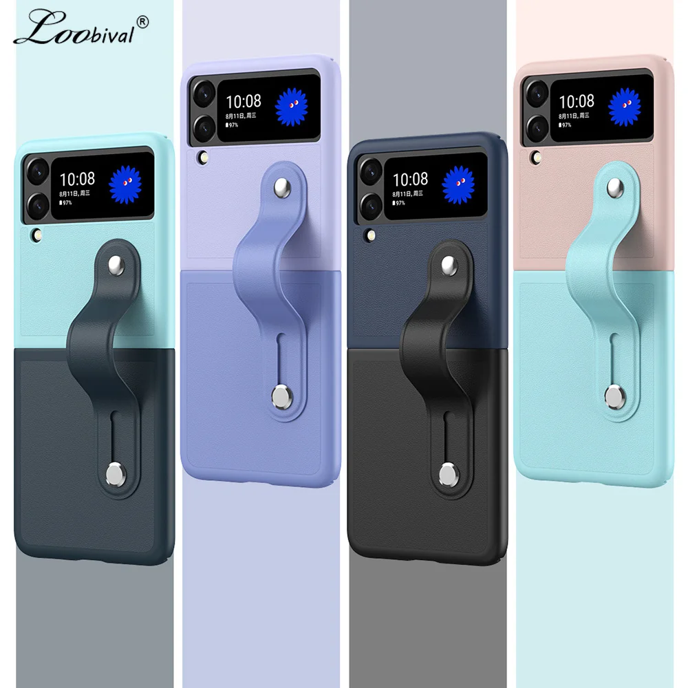 

For Samsung Galaxy Z Flip 4 3 Wrist Strap Leather Case for Z flip 4 3 Flip4 flip3 ZFlip Bracket Color Contrast Wristband Cover