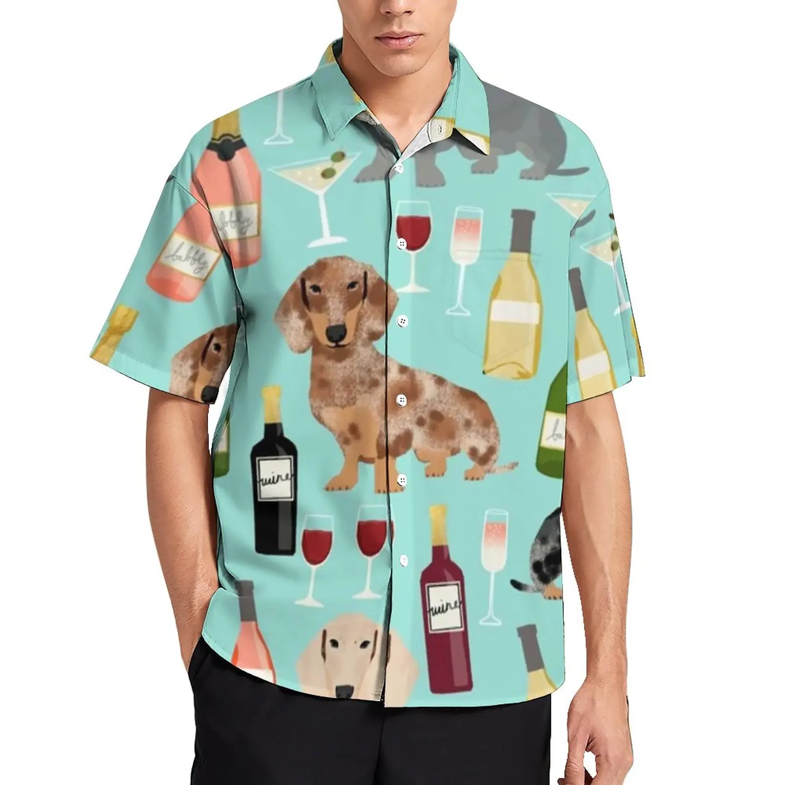 

Dachshund Wine Beach Shirt Champagne Cocktails Casual Shirts Hawaiian Graphic Blouses Short Sleeve Aesthetic Oversized Tops Gift