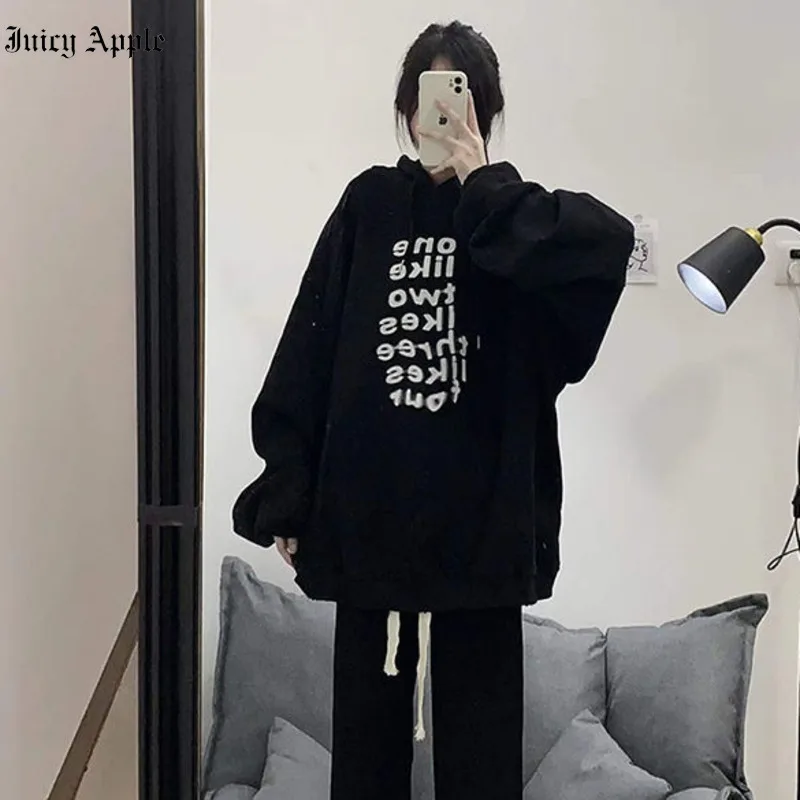 

Juicy Apple Women's Tracksuit Black Letters Print Hooded Sweatshirts Two Piece Sets Womens Outifits Home Suit For Women Autumn
