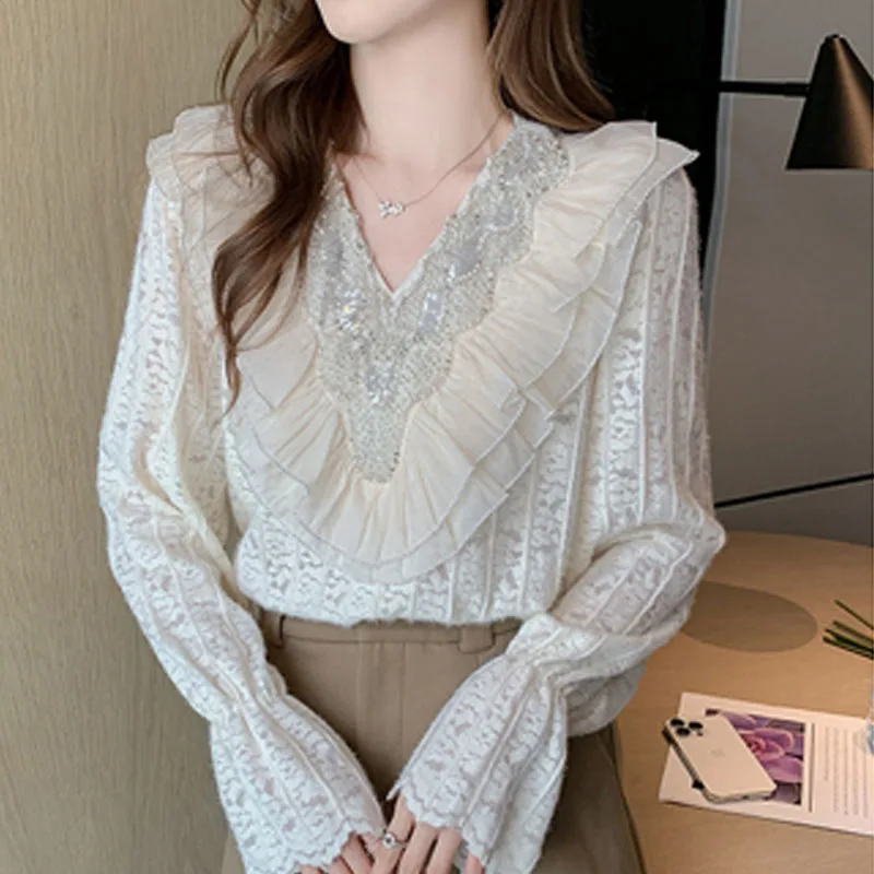 Новая кружевная женская блузка с v-образным вырезом и оборками длинным рукавом