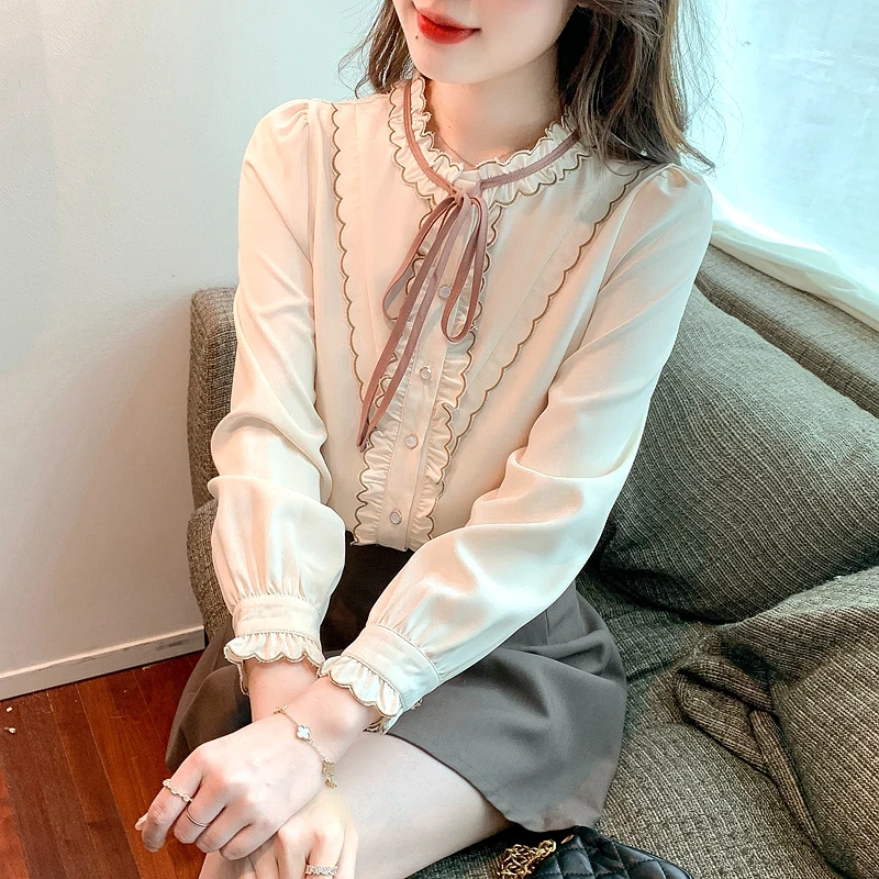 

Profession Office Single-breasted Solid Blouse Women New Long Sleeve Classic Round Collar Bow Fashion All-match Shirt E193