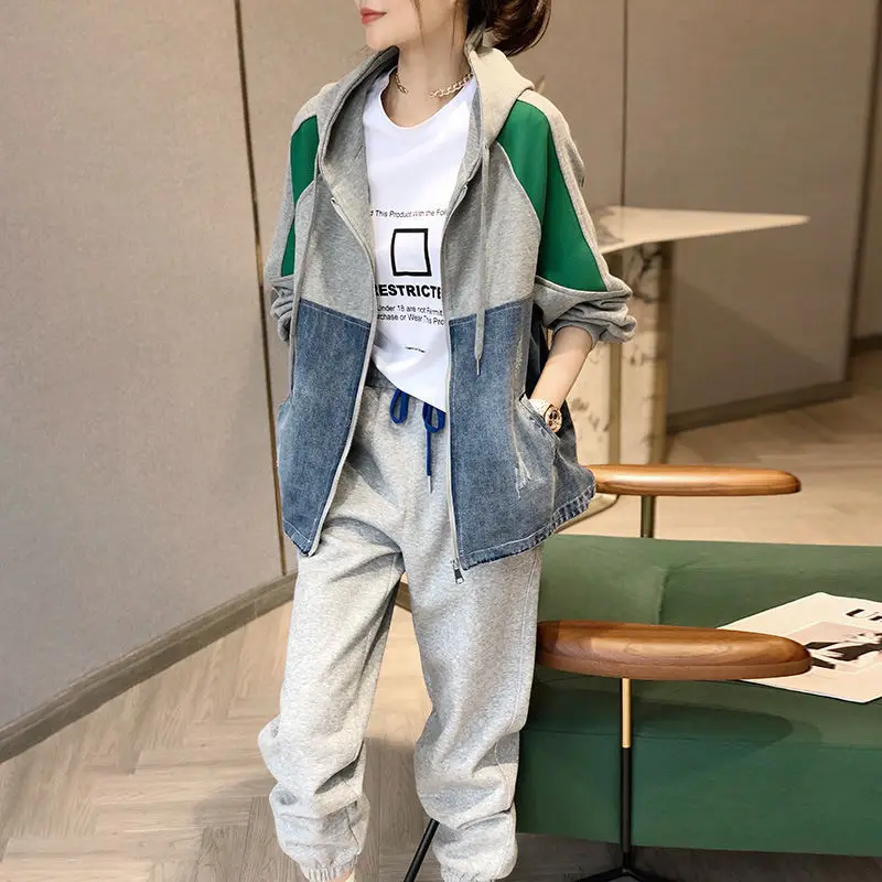 

Green Stitching Denim Jacket Female Spring Autumn Hooded Cowboy Coat Women Loose Jeans Outwear Ladies Tops Casaco Feminino E239