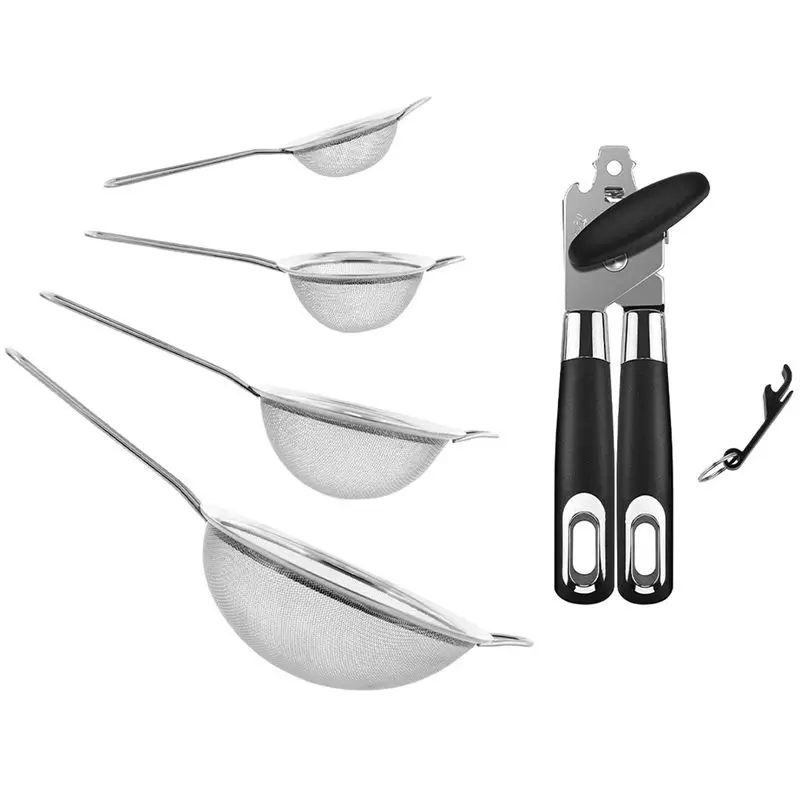 

4 Pcs Colander Strainer Set 7/12/16/22 Cm Stainless Steel & 2Pcs 3-In-1 Tin Opener With Stainless Steel Blade Handles