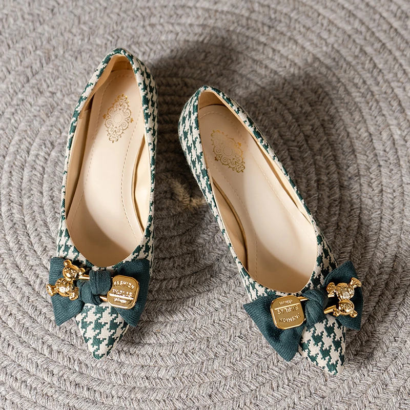 

New Thick Heel Shoes Women's 2023 Autumn New All-match Pointed Toe Flat Shoes Houndstooth Bow Shallow Mouth Medium Heel