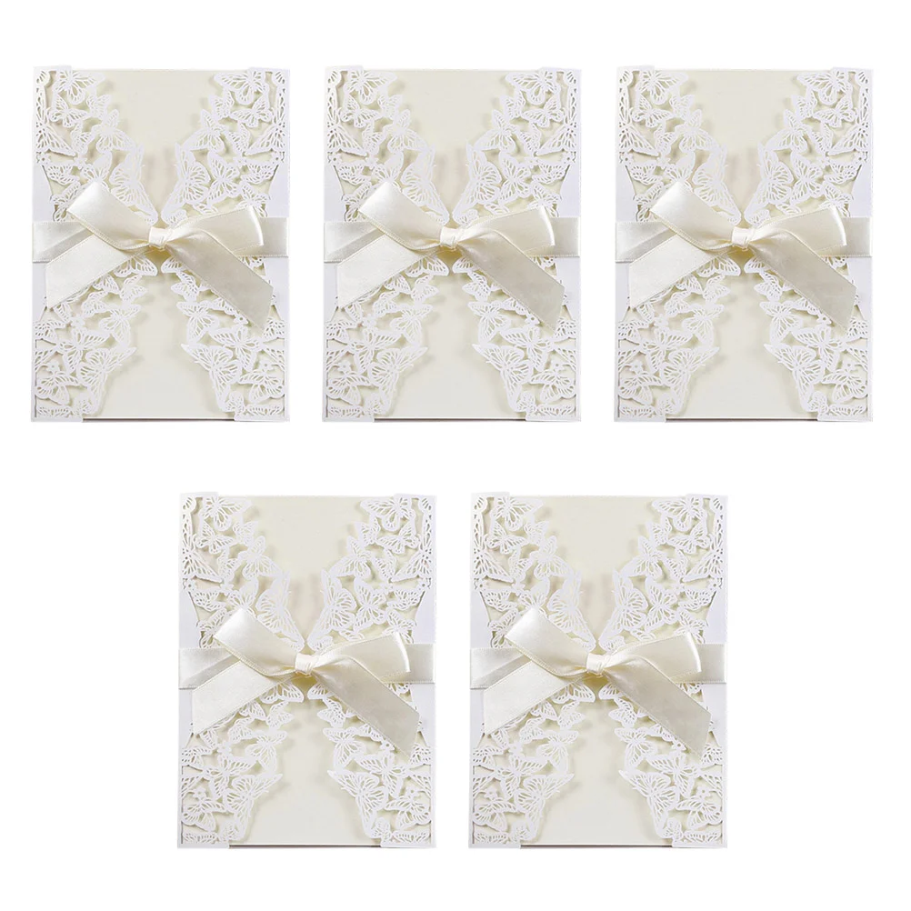 

5pcs Creative Cut Birthday Invitations Hollow Invitations Cards with Bowknots (White)