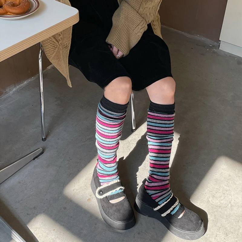 Wool Striped Knee Socks Leg Warmers Retro Ethnic Winter Warm Pile Socks Contrast Color Retro Y2K Harajuku Japanese Long Socks