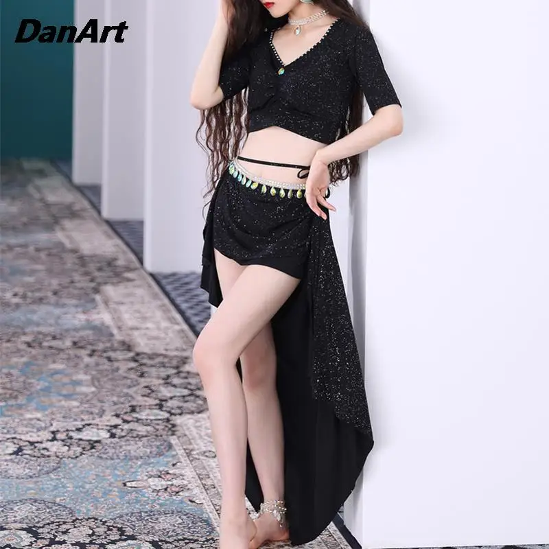 Костюм для танца живота сексуальный топ с короткими рукавами + юбка разрезом 2