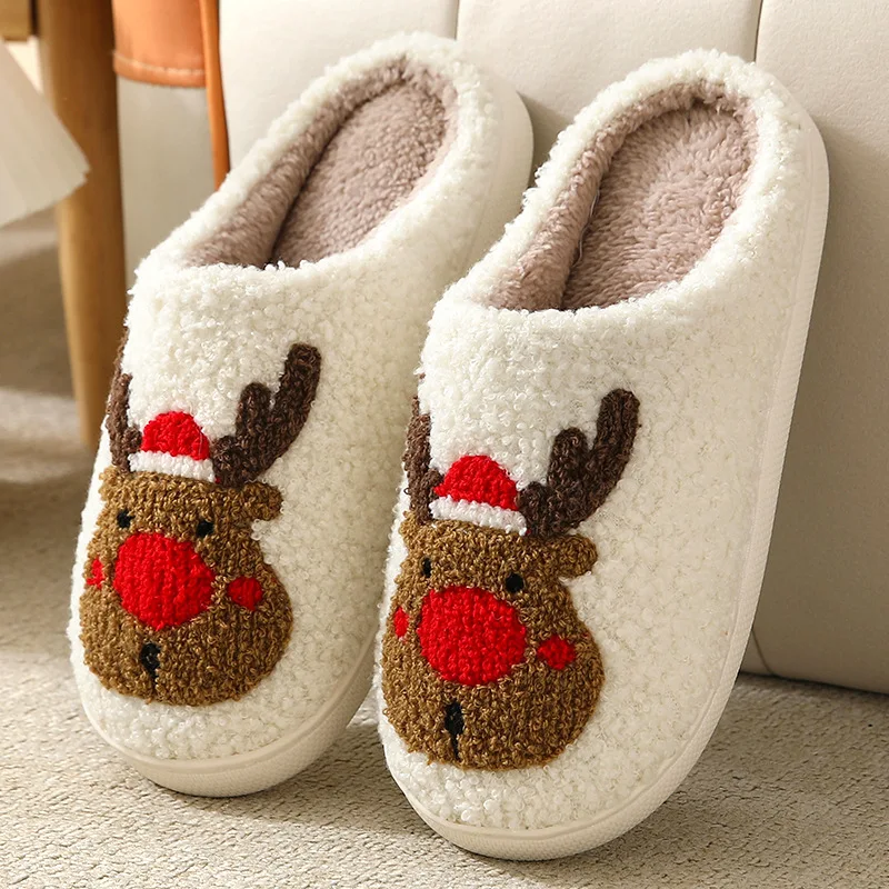 

WTEMPO Xmas Style Winter Christmas Slippers for Women Fluffy Faux Fur Santa Reindeer Slippers Cozy Home Shoes Comfy Slippers
