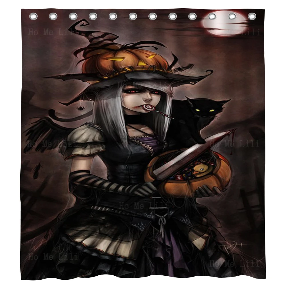 

Retro Halloween Witch In A Hat Anime Demons Black Cat Pumpkin Lamp Gothic Art Shower Curtain By Ho Me Lili For Bathroom Decor