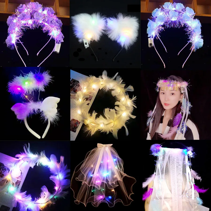 

10pcs Women Girl Party Crown Flower Headband LED Light Halo Ring Bride Wreath Gift Birthday Costume Wedding Easter Halloween