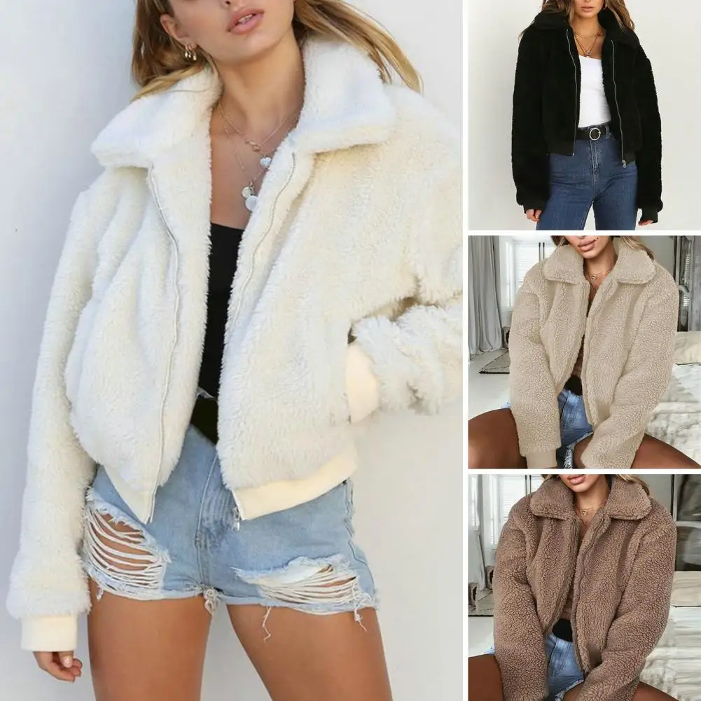 

Женское однотонное пальто, уютное плюшевое Женское зимнее пальто, куртка на молнии с длинным рукавом, теплыми карманами, лацканами, эластичными манжетами и лацканами