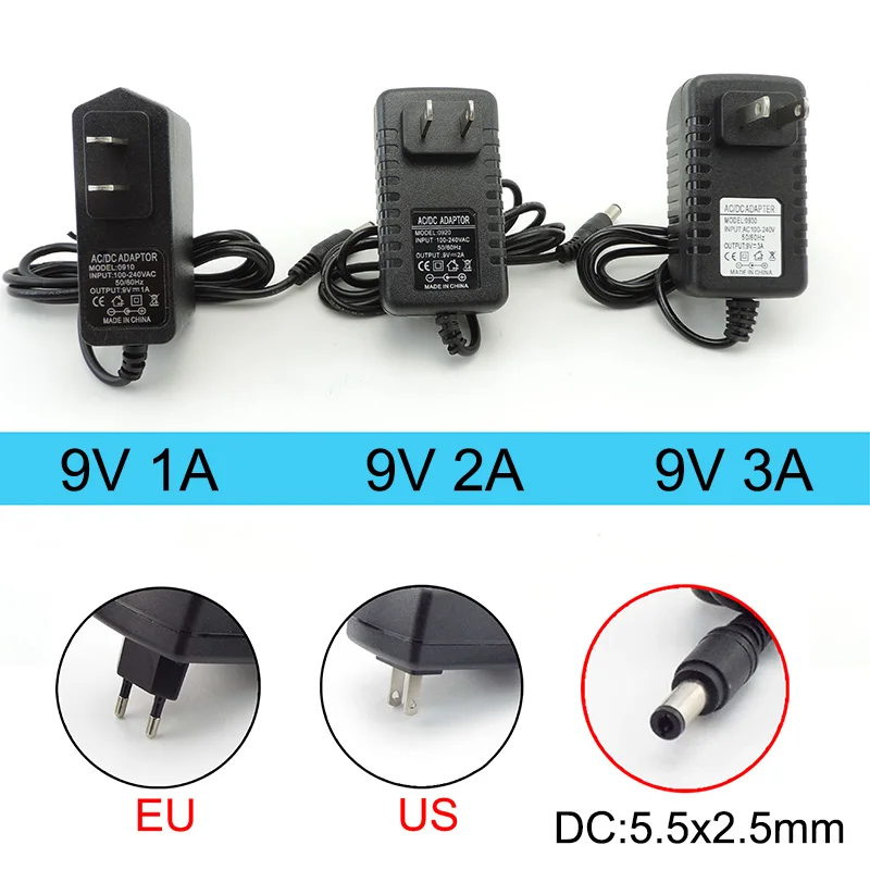AC 110V 220V to DC 9V 1A 2A 3A 9V2A 9V1A power supply Adapter EU US 1000ma 2000ma 3000ma  Converter Charger for router 5.5x2.5mm