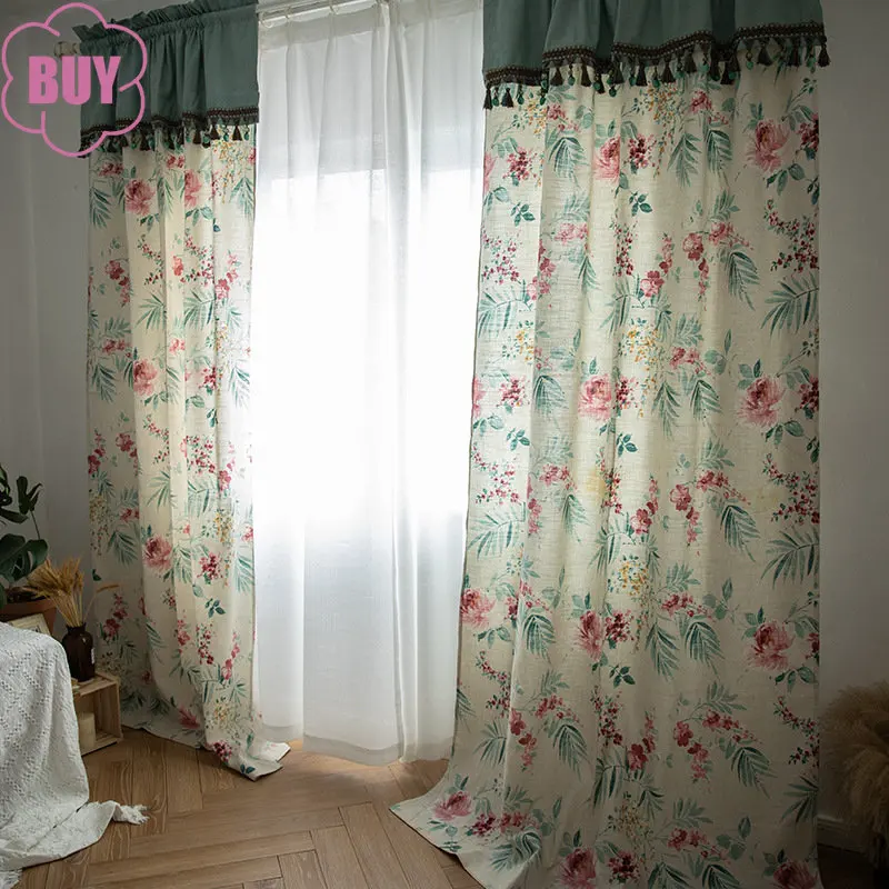 

American Curtains For Living Room Bedroom Pastoral Country Pink Hibiscus Peony Green Leaf Imitation Hemp Semi-blackout Curtains