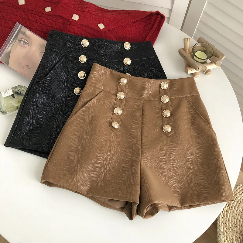 

2022 Women's Leather Shorts Trousers Pu High Waist Elastic A-line Wide Leg Shorts Elegant Bottoms Casual Short Mujer J02