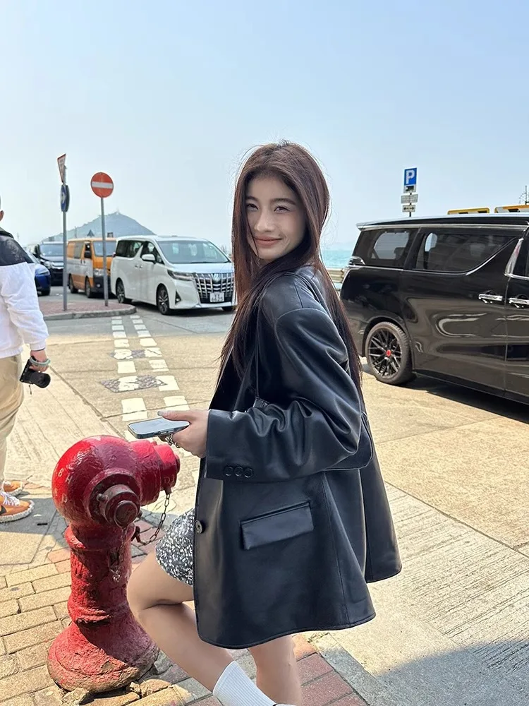 Lily Most2024 Весна и осень Новый черный костюм в стиле ретро High Sense кожаное пальто