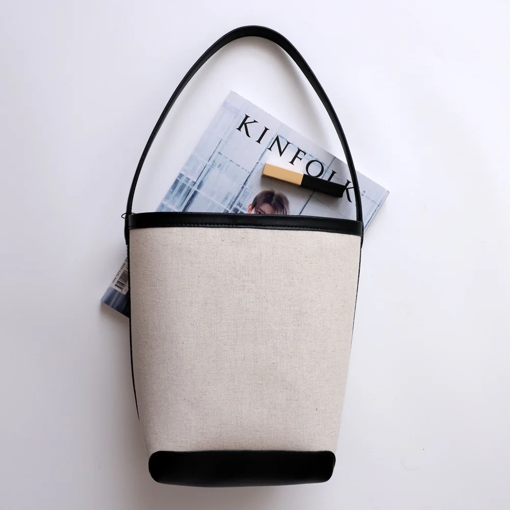 

Contrast Color Large Capacity Canvas Tote Bag Cotton Hemp Leather One Shoulder Simple Fashion Bucket Bag