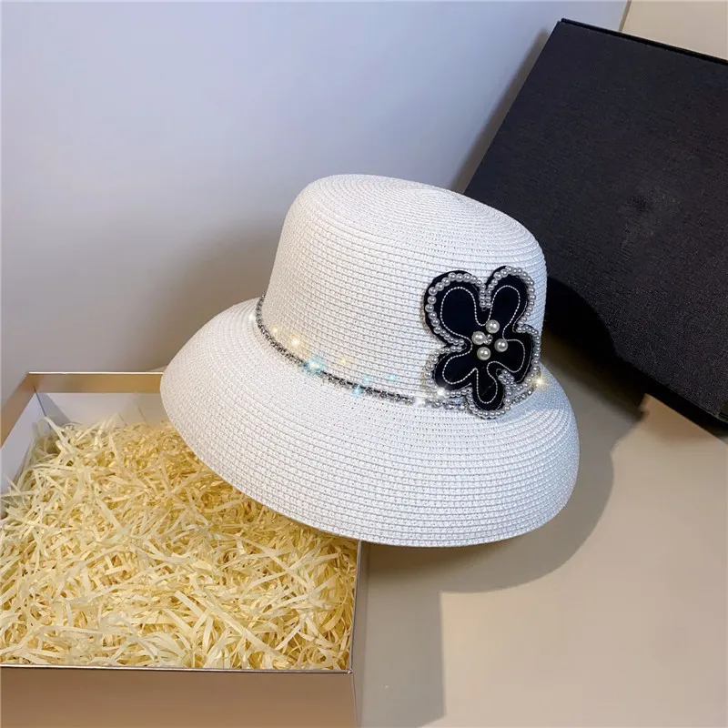 

202304-shi ins dropshipping Hepburn lampshade shape Pearl rhinestone Flower grass leisure lady bucket cap women fishermen hat