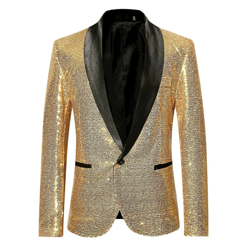 

Блестящий мужской блейзер с золотыми пайетками, блестящий пиджак, модный блейзер с воротником-шалью на одной пуговице, мужской костюм певиц...