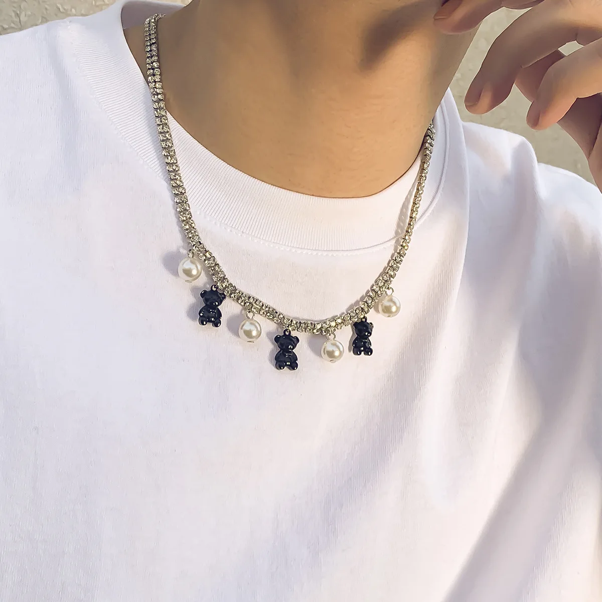 

Sindlan Punk Silver Color Bear Pendant Necklace for Men Women Vintage Kpop Pearl Rhinestone Y2k Couple Emo Jewelry Collar Hombre