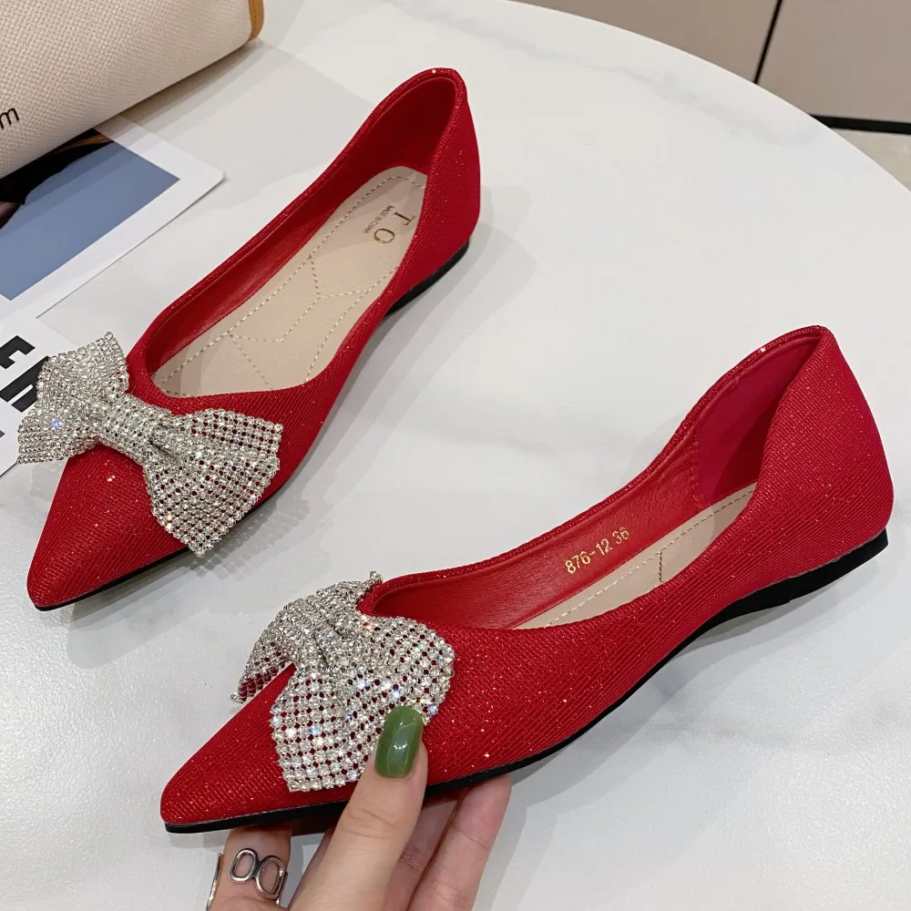 Red Women's Flat Shoes 2022 Pointed Toe Bowtie Shallow Casual Comfortable Office Ladies Work Party Wedding Woman Flats Shoes