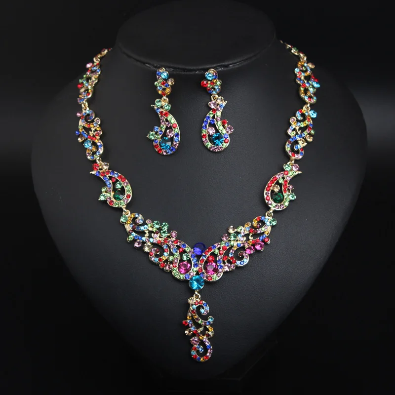 

Nigeria Crystal Rhinestone Necklace Earrings Set Statement Pendant Choker African Bridal Wedding Party Jewelry Women Collar Gift