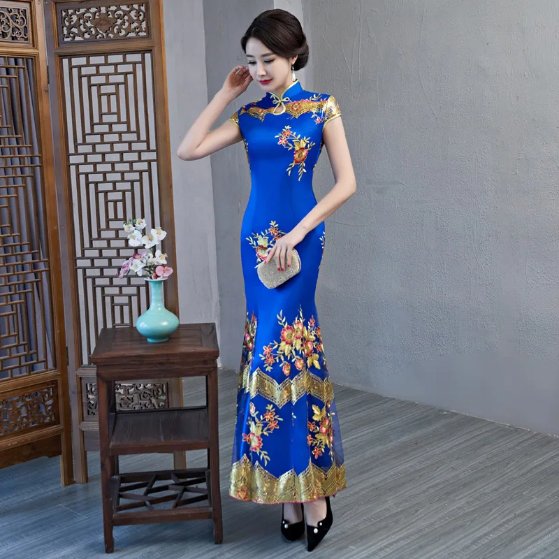 Blue Embroidery Flower Bride Wedding Party For Lady Chinese Dress Elegant Bling Sequins Cheongsam Skirt Mermaid Gown Qipao