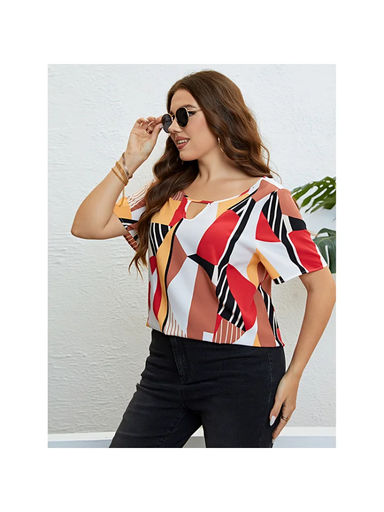 Summer round neck patchwork color loose breathable top top plus size  t-shirts  roupas femininas