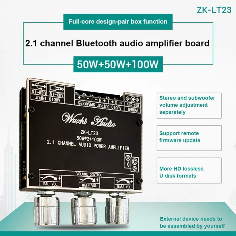 

ZK-LT23 2,1 Channel усилитель звука Bluetooth Board Module 50W + 50W + 100W сабвуфер TWS True Wireless Audio Board DC9-24V