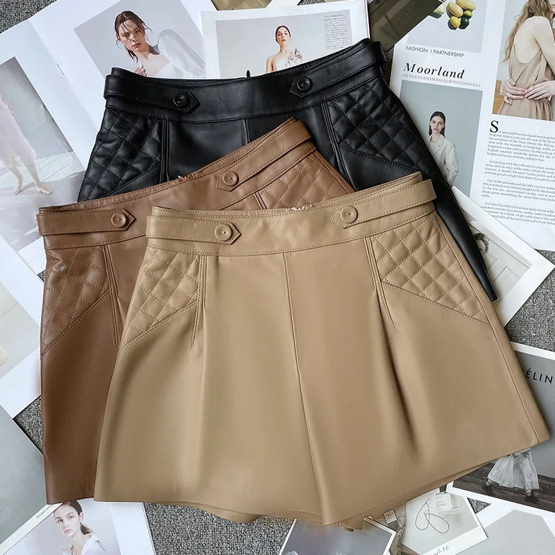 2022 New Autumn and Winter Sheepskin Leather Shorts Women High Waist All-match Thin Wide-leg Shorts G15