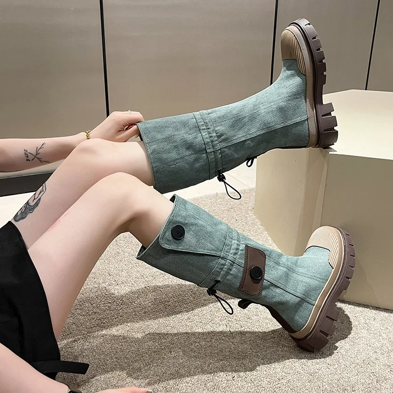 Knee-high Women Thigh Boots Women's Vintage Denim Platform Work Autumn Winter 2024 Head High Knight Female Two Ways Wear Shoes