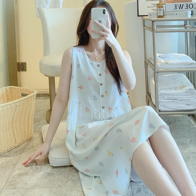 Round-neck Sleeveless Pajamas Big Size Women's Clothing Summer Nightgowns Attractive Nightwear Sleevewear Printing Loungewear