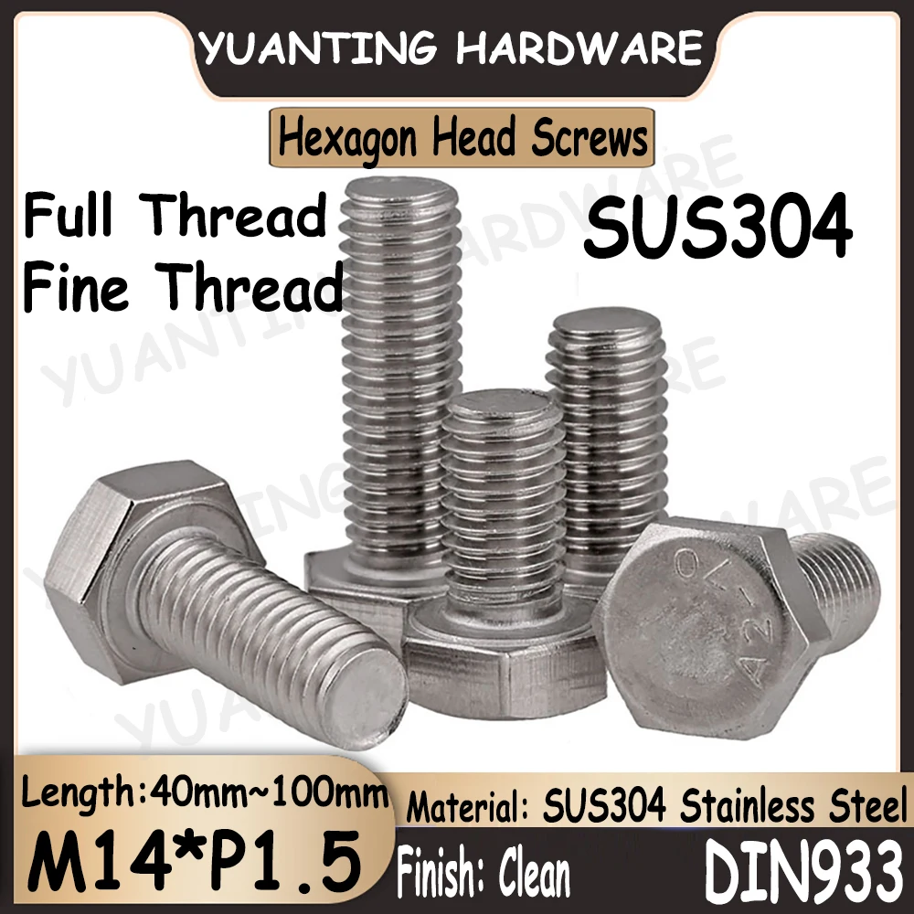 

2 шт. ~ 3 шт. резьба с тонким шагом m14xp 1, 5x40 мм ~ 100 мм DIN933 SUS304 винты с шестигранной головкой из нержавеющей стали болты с полной резьбой