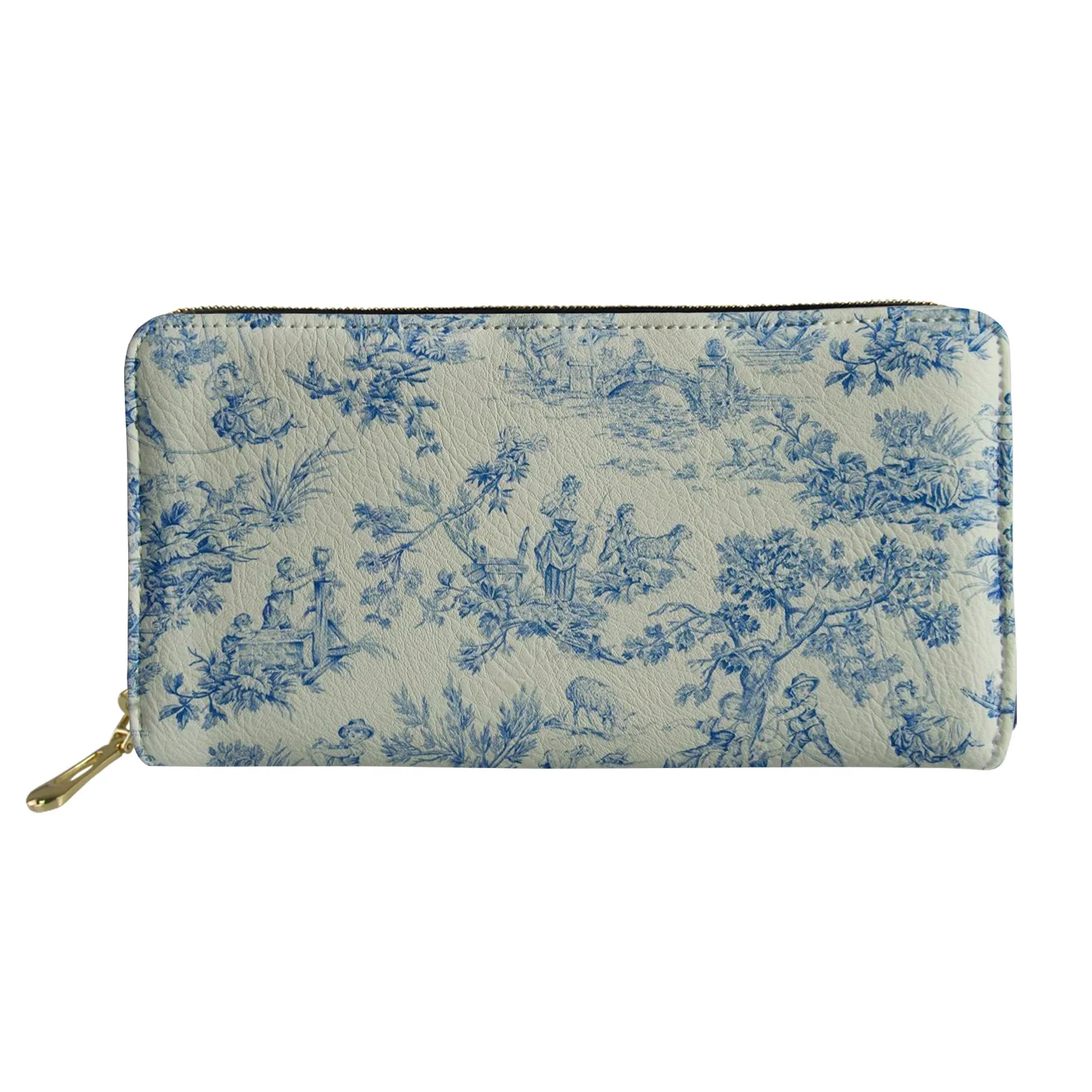 Retro French Country Toile Pattern Long Wallet Girls Simple Zipper Card Bag Multifunctional Premium Female Coin Purse Decoration