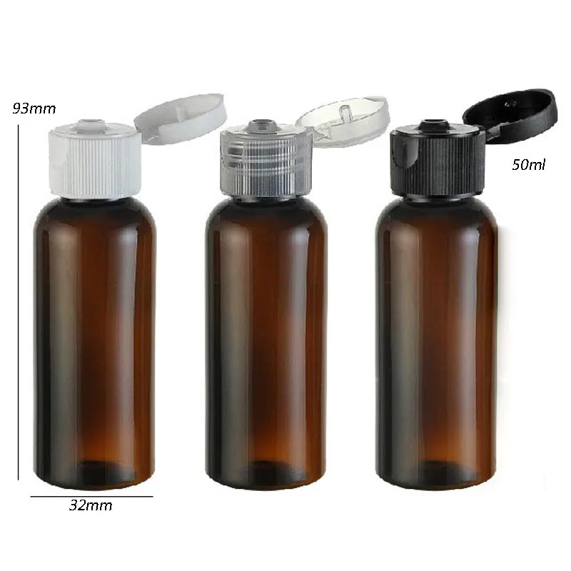 

50 x 50ml Refillable amber pet bottle with flip top cap 50cc amber plastic bottle 50ml Portable cosmetic packaging