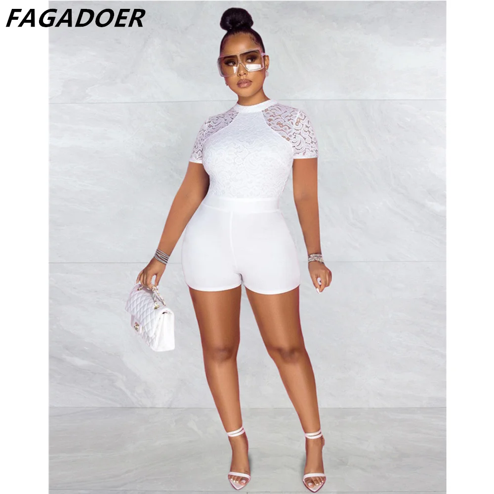 FAGADOER White Black Elegant Lace Romper Mesh Patchwork Sexy Ladies Office Wear Sexy One Piece Jumpsuit Fashion Playsuit Women