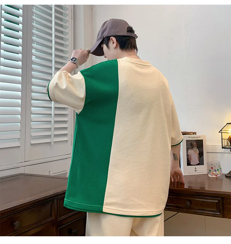 2023 Summer Fashion Two Piece Sets Mens Patchwork Waffle Short Sleeve T-Shirts Shorts Tracksuit Men Harajuku Casual Sport Suits