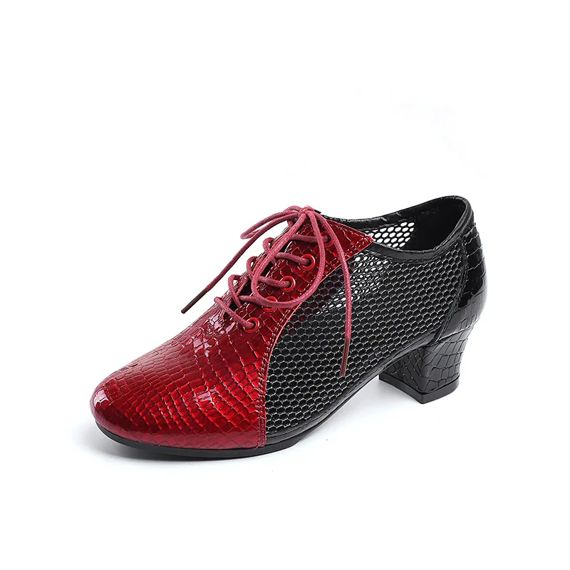 

Женские сандалии из натуральной кожи, черные сетчатые дышащие танцевальные сандалии на шнуровке и высоком каблуке 3,5 см, лето 2023